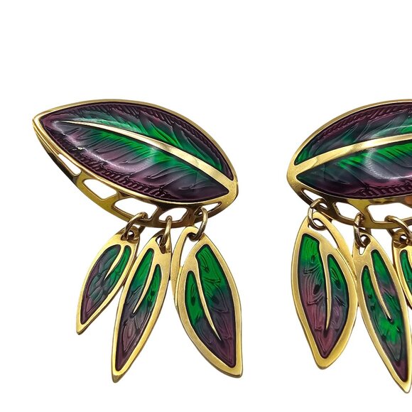 Berebi Enamel Leaf Drop Earrings Purple Green Pierced Gold Tone - Picture 7 of 10